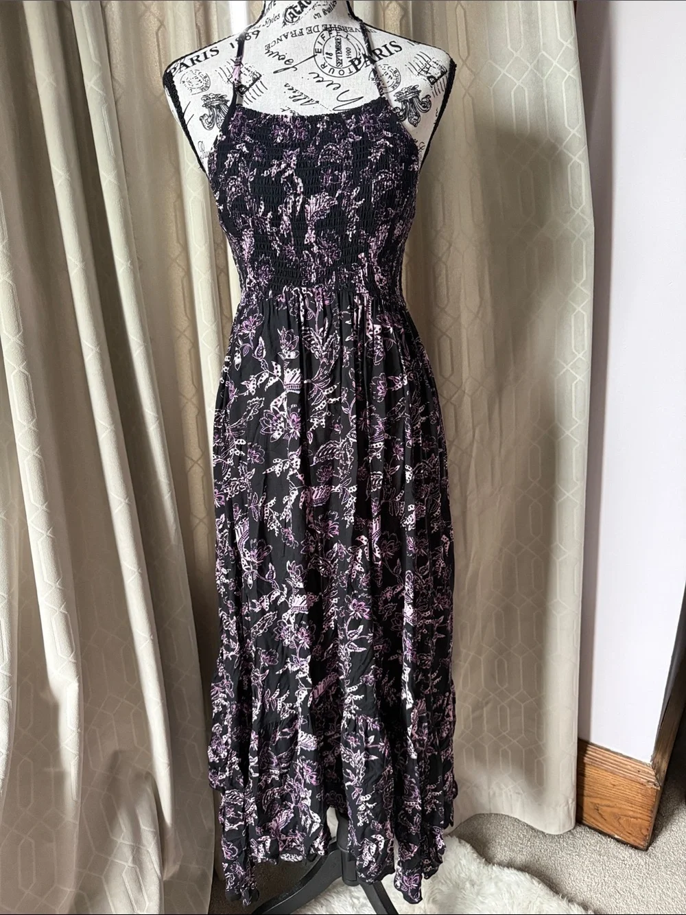 Free People Smocked Halter Floral Midi Dress in Black and Lilac